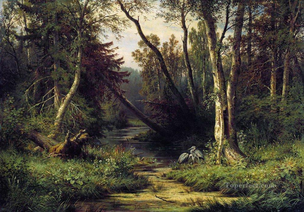 サギのある森の風景 1870年 イワン・イワノビッチ油絵